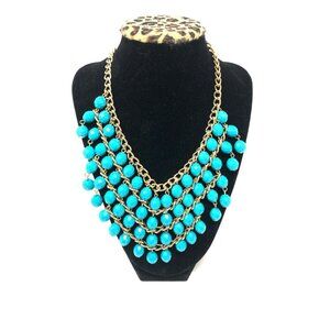 Statement Bib Necklace Gold Tone Teal‎ Blue Beads 18"